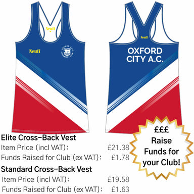 Two blue and red cross-back athletic vests with Oxford City AC and Neuff branding and pricing information.
