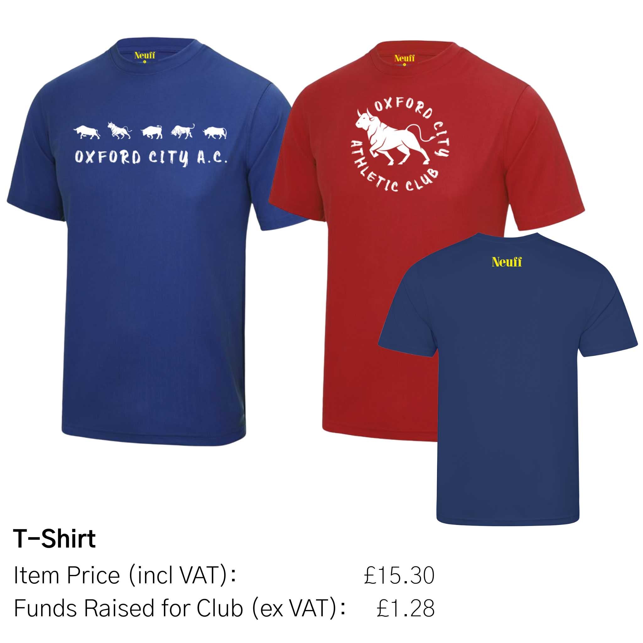 Three t-shirts in blue, red, and navy with branding and text on a white background. With Oxford City AC and Neuff logos