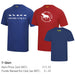 Three t-shirts in blue, red, and navy with branding and text on a white background. With Oxford City AC and Neuff logos
