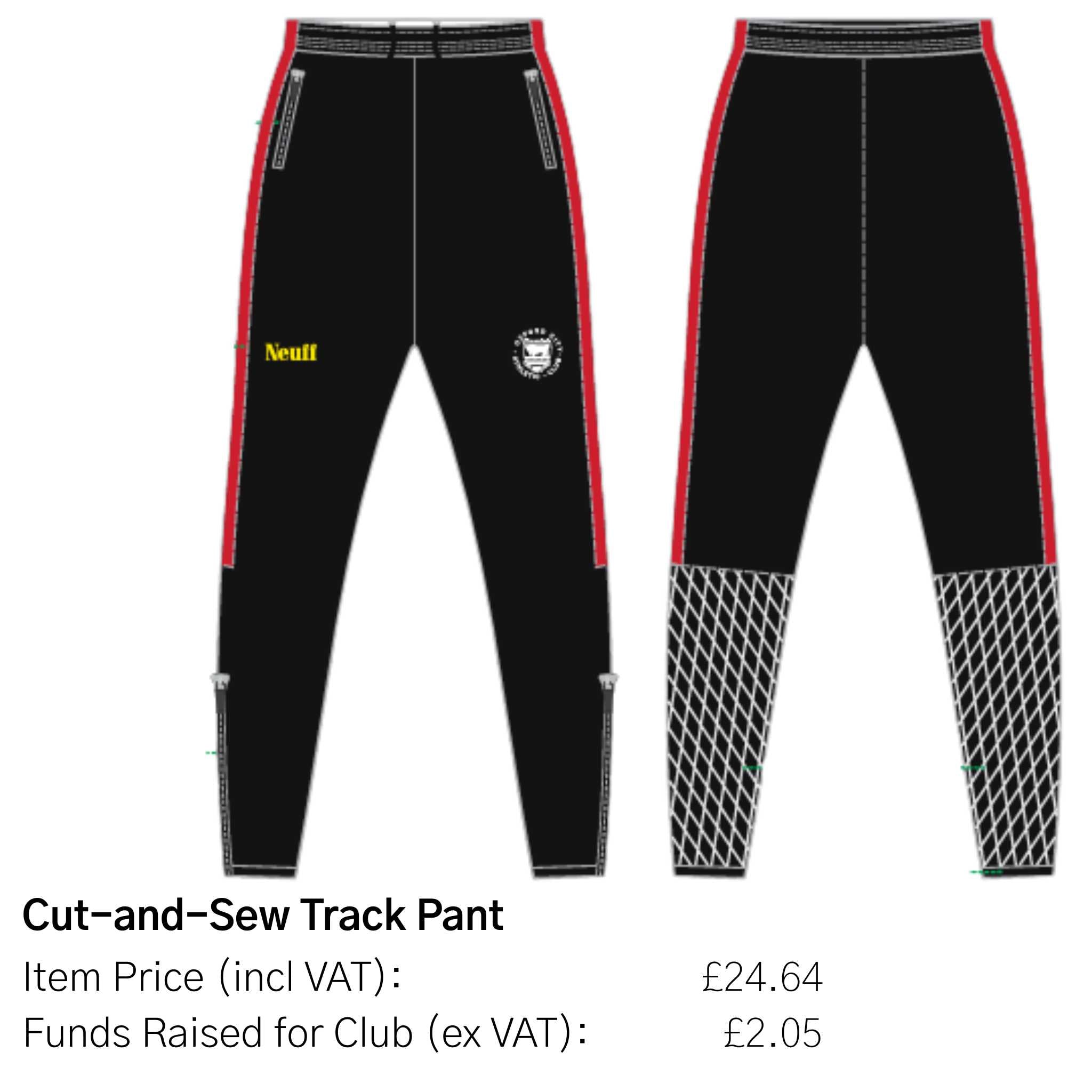 Black cut-and-sew track pants with red accents and brand logos on a white background.