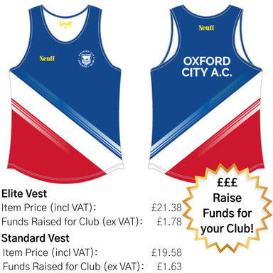 Two athletic vests with 'Neuff' branding and Oxford City AC competition design. With pricing and text about fundraising for athletics clubs