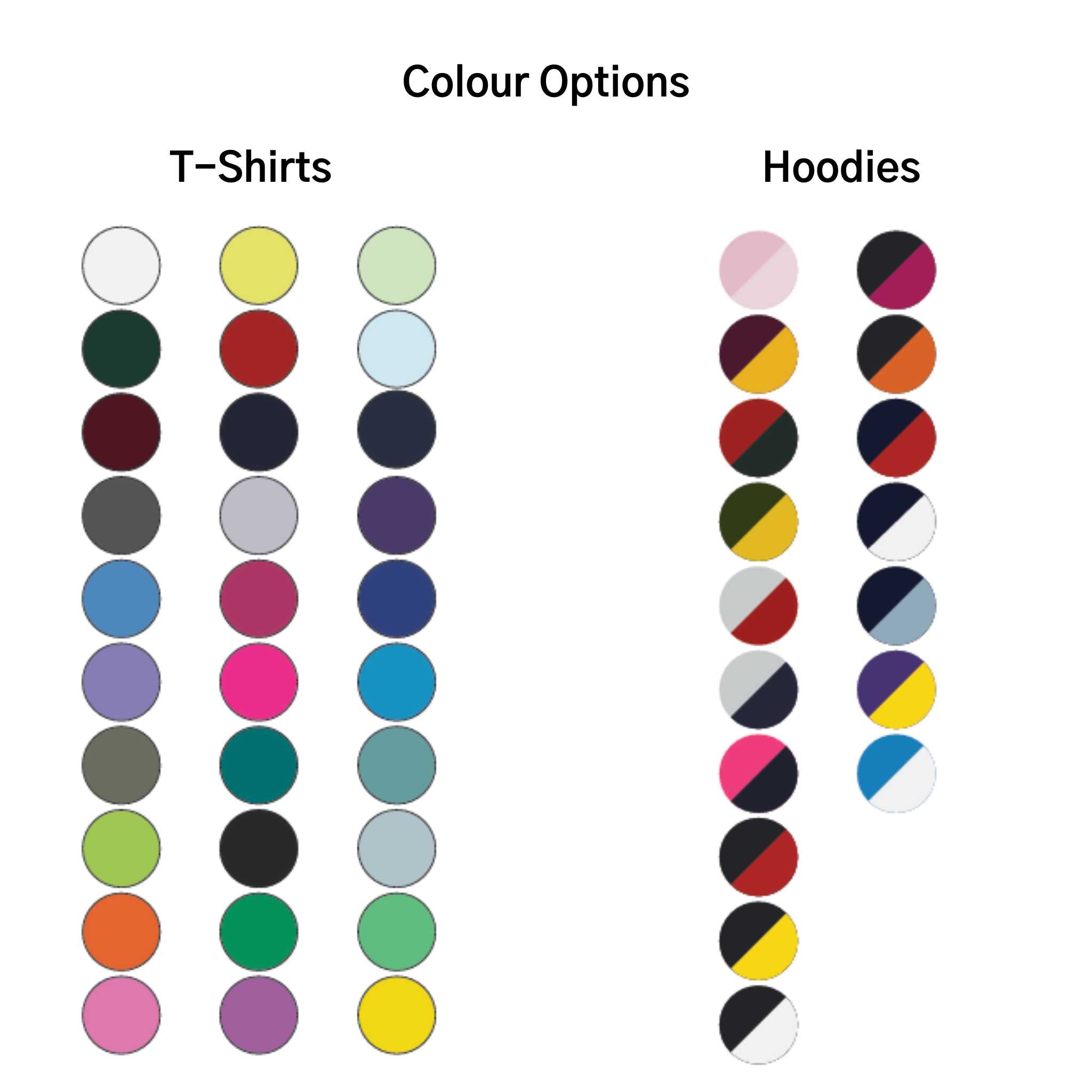 Colour options chart for off-field T-shirts and hoodies