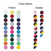 Colour options chart for off-field T-shirts and hoodies