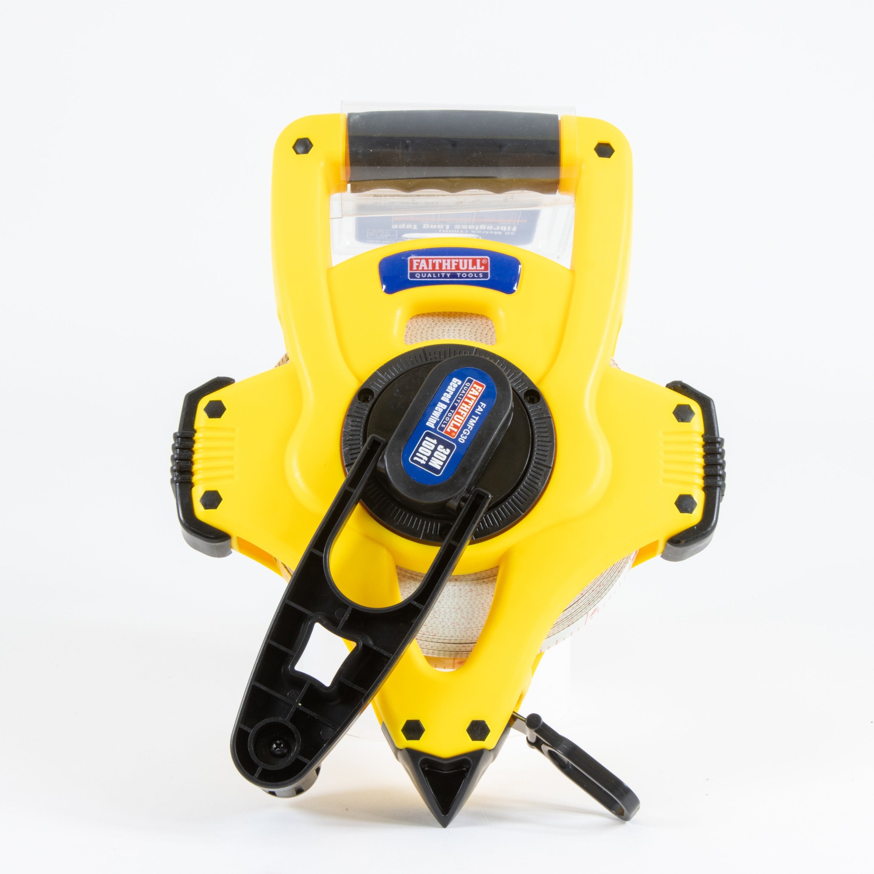 Faithfull Geared Measuring Tape | Open Case, 30m, 50m | Yellow case with black winding handle | Ideal for athletics officials