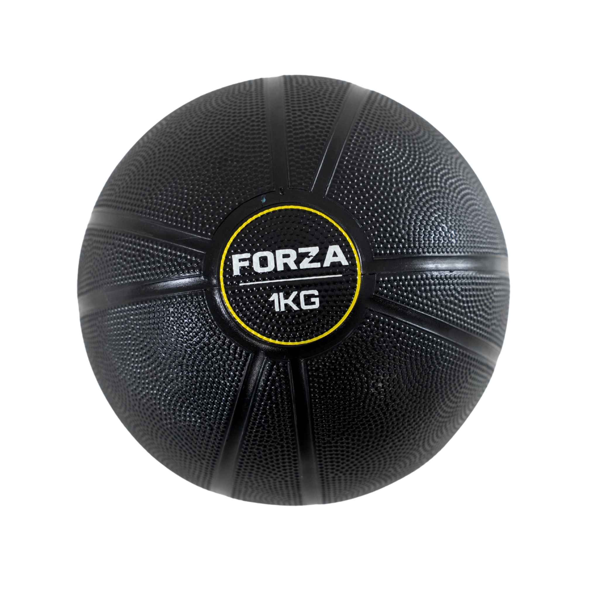 A black textured 1kg medicine ball with a central black label featuring the brand name 'FORZA' in white and a yellow ring, set against a plain white background.