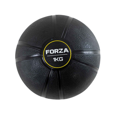 A black textured 1kg medicine ball with a central black label featuring the brand name 'FORZA' in white and a yellow ring, set against a plain white background.