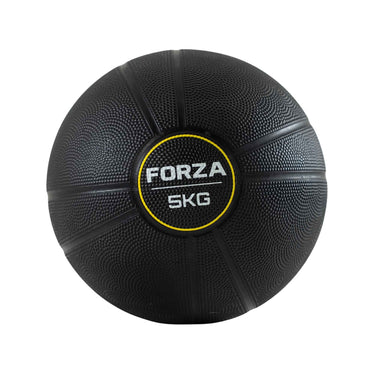 A black textured 5kg medicine ball with a central black label featuring the brand name 'FORZA' in white and a yellow ring, set against a plain white background.