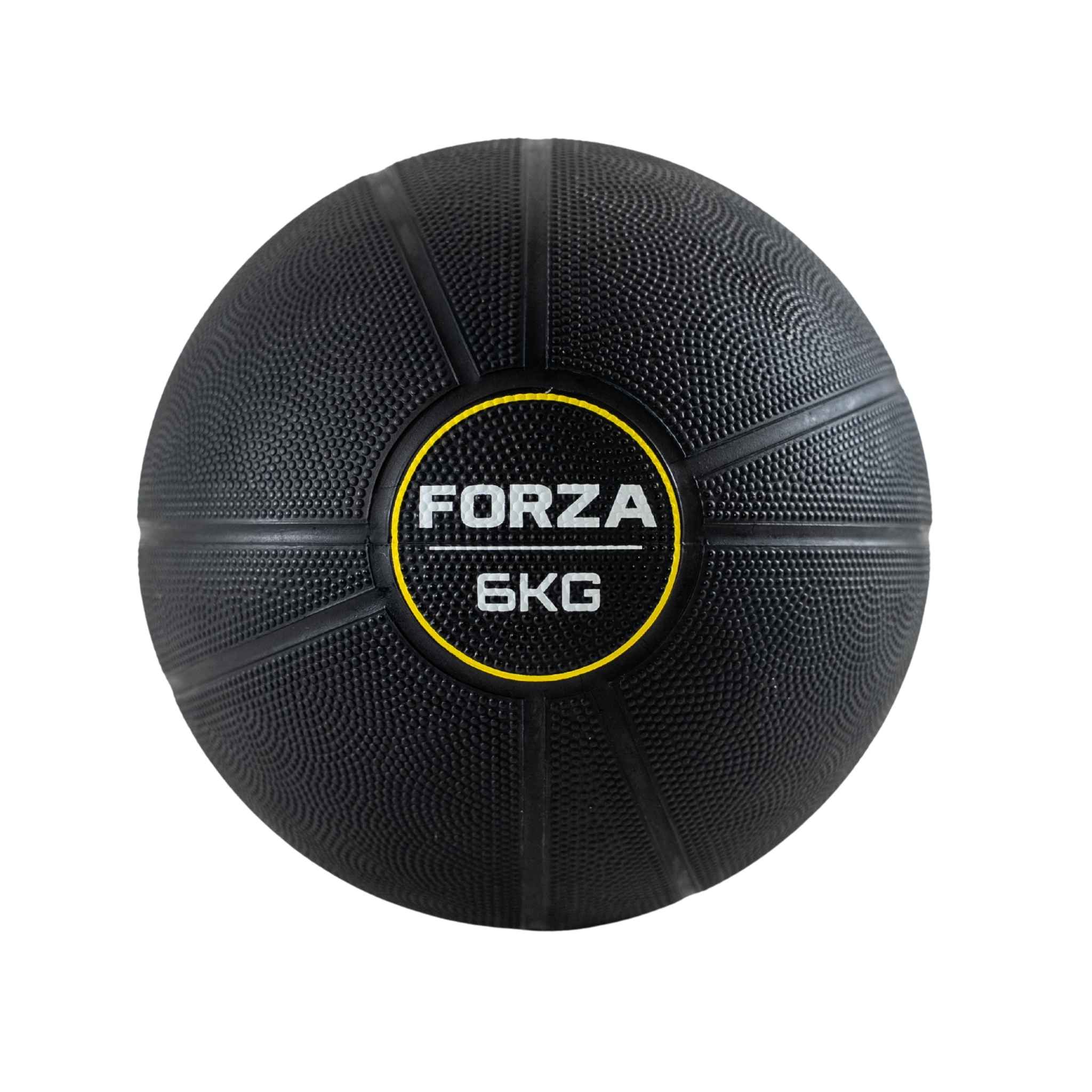 A black textured 6kg medicine ball with a central black label featuring the brand name 'FORZA' in white and a yellow ring, set against a plain white background.