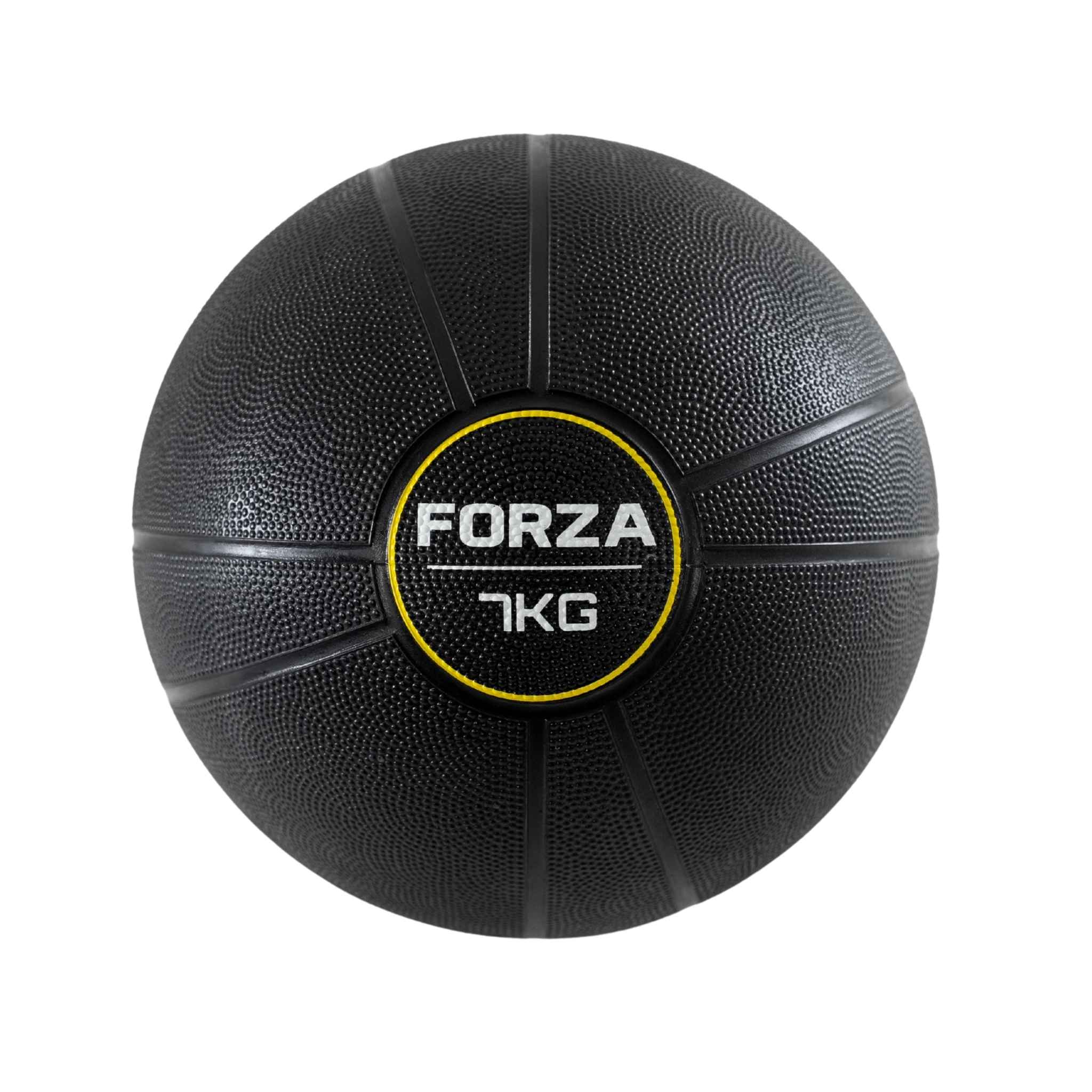 A black textured 7kg medicine ball with a central black label featuring the brand name 'FORZA' in white and a yellow ring, set against a plain white background.