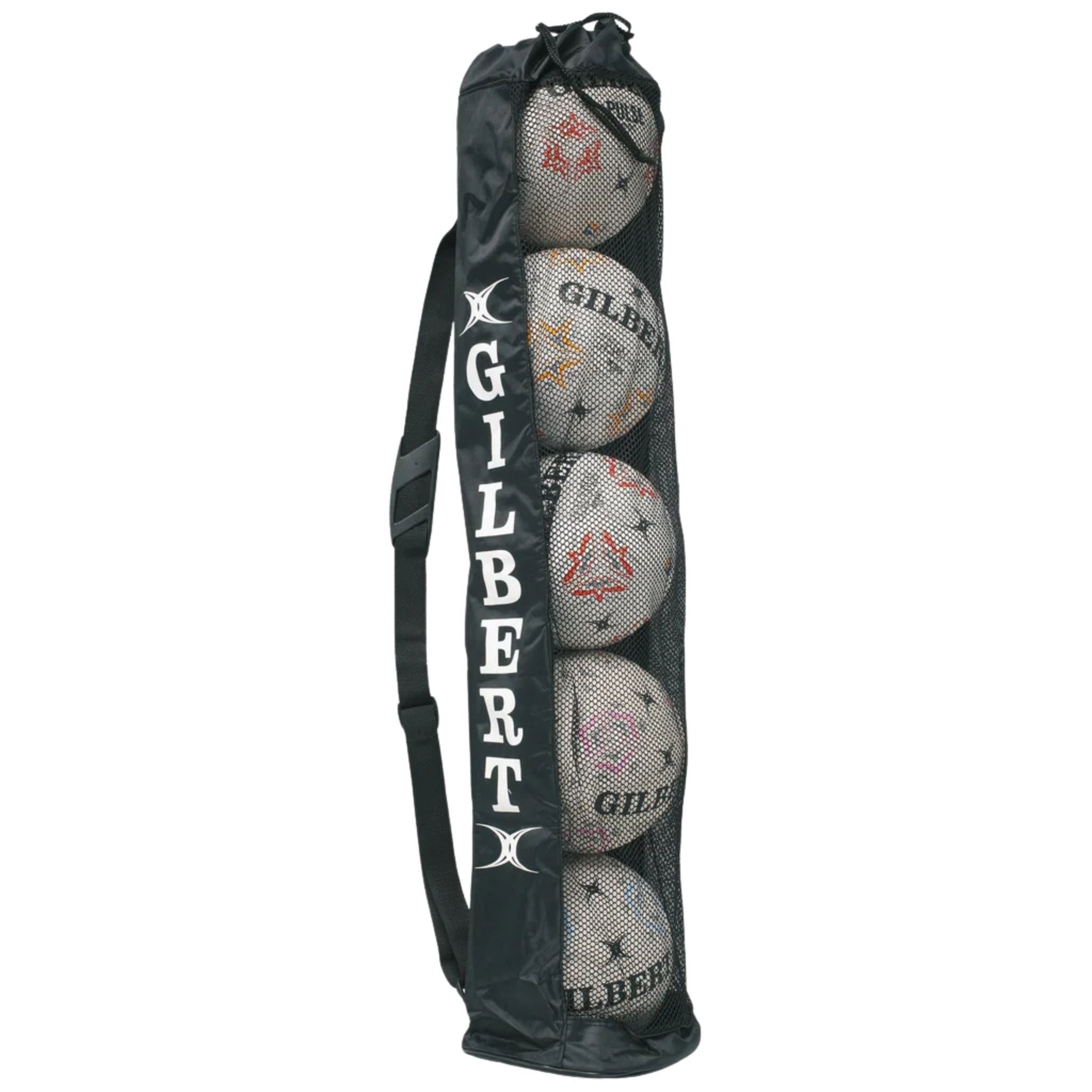 A Black Gilbert netball carrier bag with a black shoulder strap, shown vertically on a white background. The side of the bag features the brand name 'GILBERT' in white text, and a mesh window reveals netballs inside.