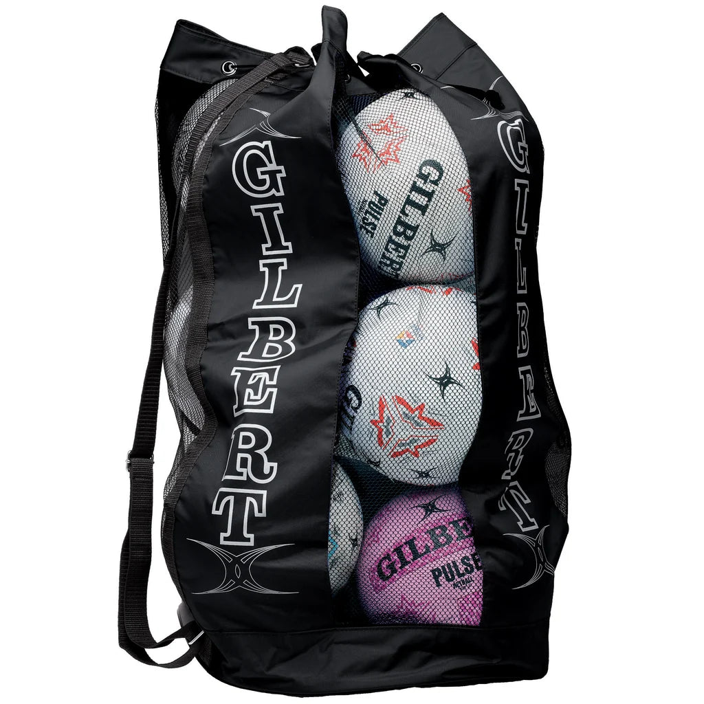 Black Gilbert ball bag with black shoulder strap and mesh  front to see netballs through it. On a white background