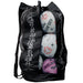 Black Gilbert ball bag with black shoulder strap and mesh  front to see netballs through it. On a white background