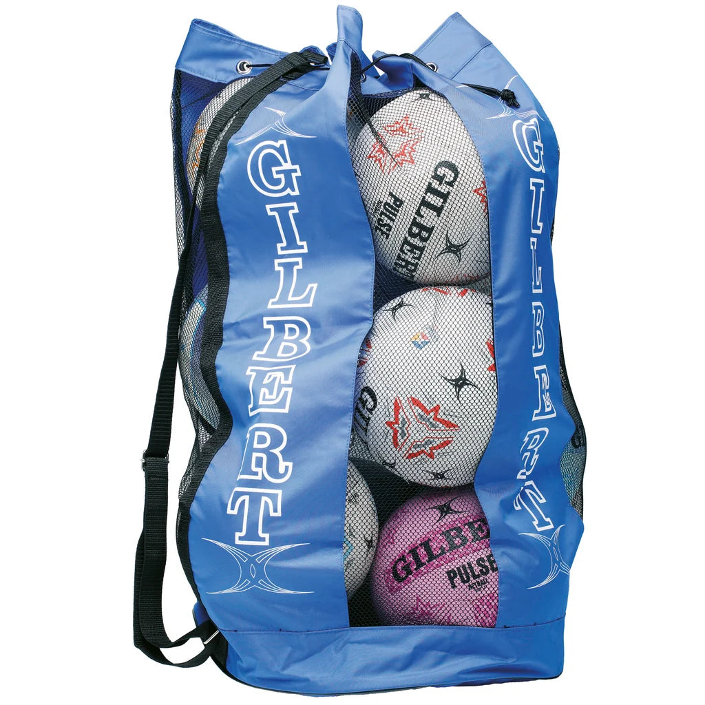 Blue Gilbert ball bag with black shoulder strap and mesh  front to see netballs through it. On a white background