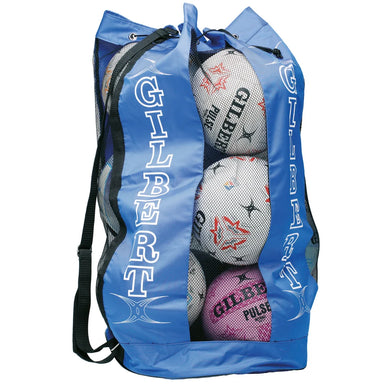 Blue Gilbert ball bag with black shoulder strap and mesh  front to see netballs through it. On a white background