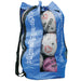 Blue Gilbert ball bag with black shoulder strap and mesh  front to see netballs through it. On a white background