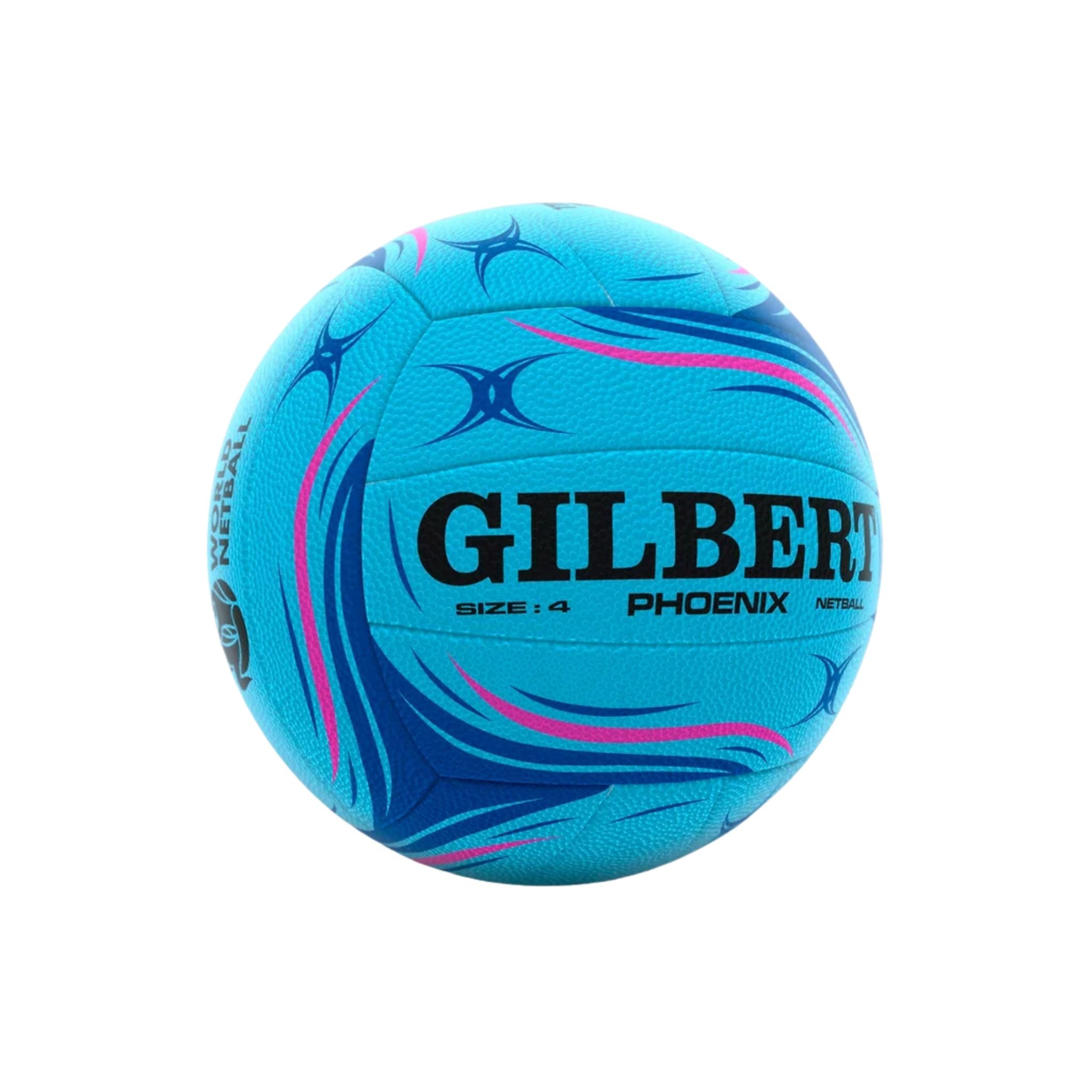 A light blue Gilbert Phoenix size 4 netball on a solid white background, featuring dark blue and pink graphic patterns and black branding text.