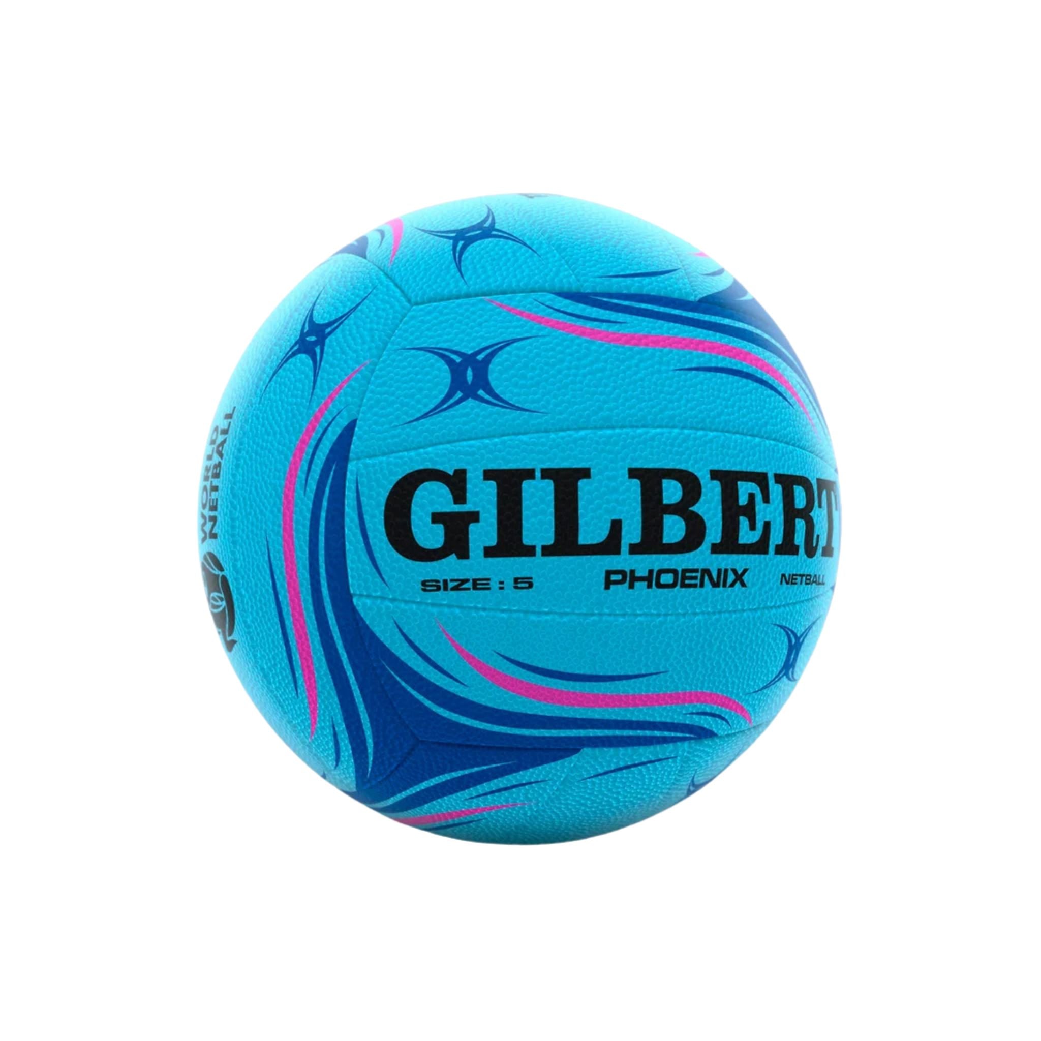 A light blue Gilbert Phoenix size 5 netball on a solid white background, featuring dark blue and pink graphic patterns and black branding text.