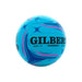 A light blue Gilbert Phoenix size 5 netball on a solid white background, featuring dark blue and pink graphic patterns and black branding text.