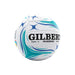 A Gilbert Phoenix size 4 netball on a solid white background, featuring a white textured leather surface with blue and teal wave patterns and black branding.