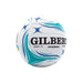 A Gilbert Phoenix size 5 netball on a solid white background, featuring a white textured leather surface with blue and teal wave patterns and black branding.