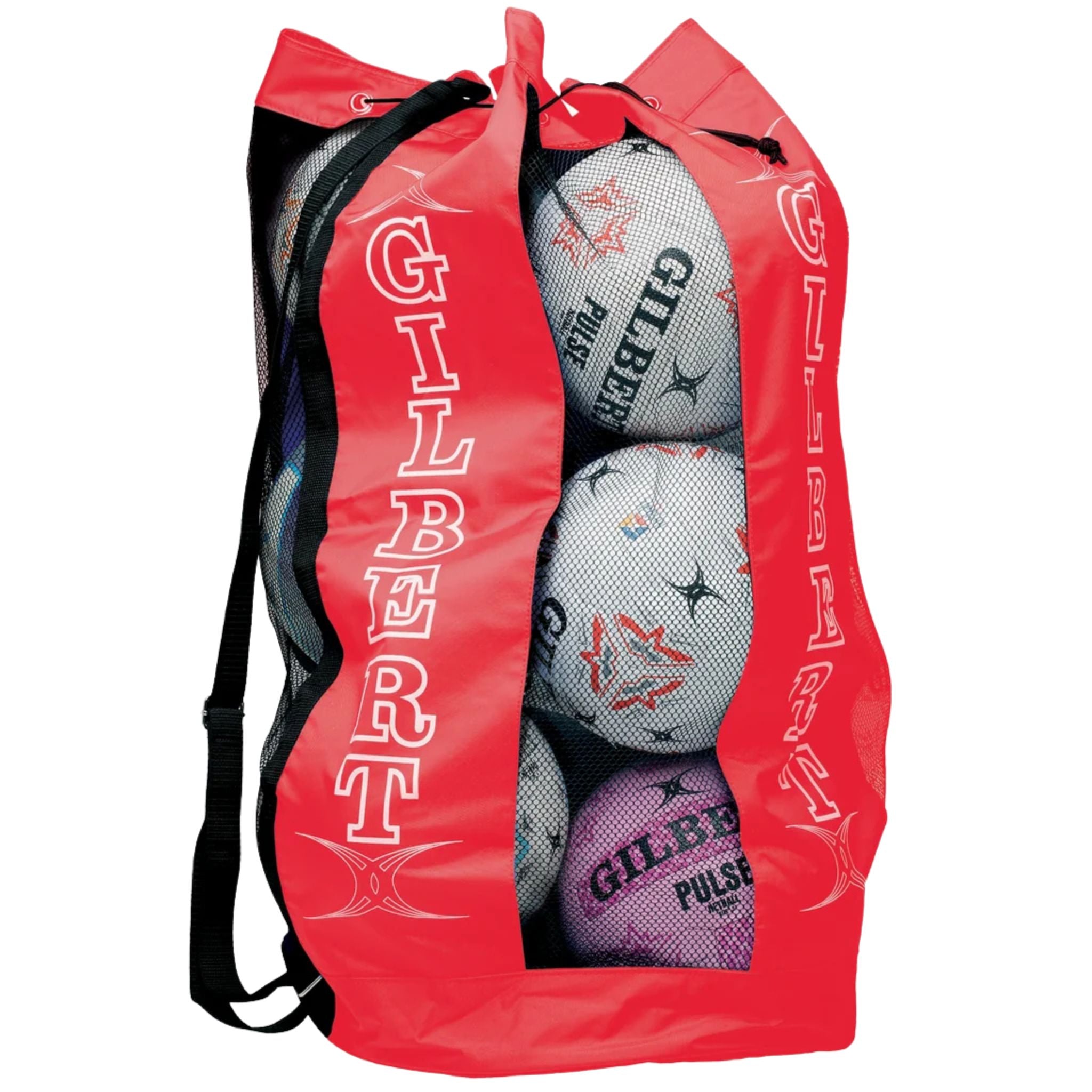 Red Gilbert ball bag with black shoulder strap and mesh  front to see netballs through it. On a white background