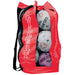 Red Gilbert ball bag with black shoulder strap and mesh  front to see netballs through it. On a white background