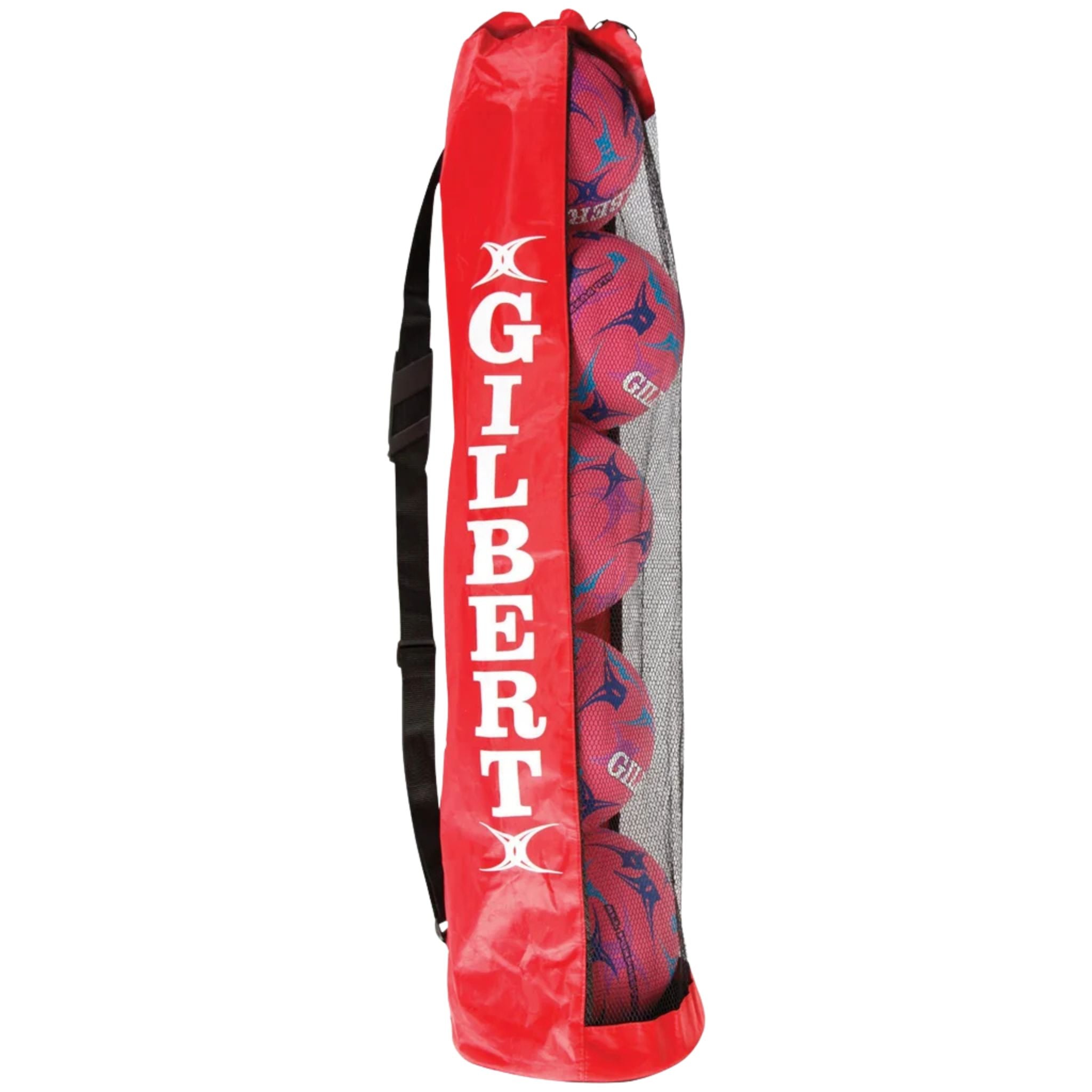 A red Gilbert netball carrier bag with a black shoulder strap, shown vertically on a white background. The side of the bag features the brand name 'GILBERT' in white text, and a mesh window reveals several red/pink and blue netballs inside.
