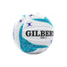 A white Gilbert Size 5 netball with blue and teal geometric patterns, shown on a solid white background.
