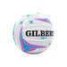 A white Gilbert Size 5 netball with black brand lettering and pink, purple, and blue graphic accents, isolated on a white background.