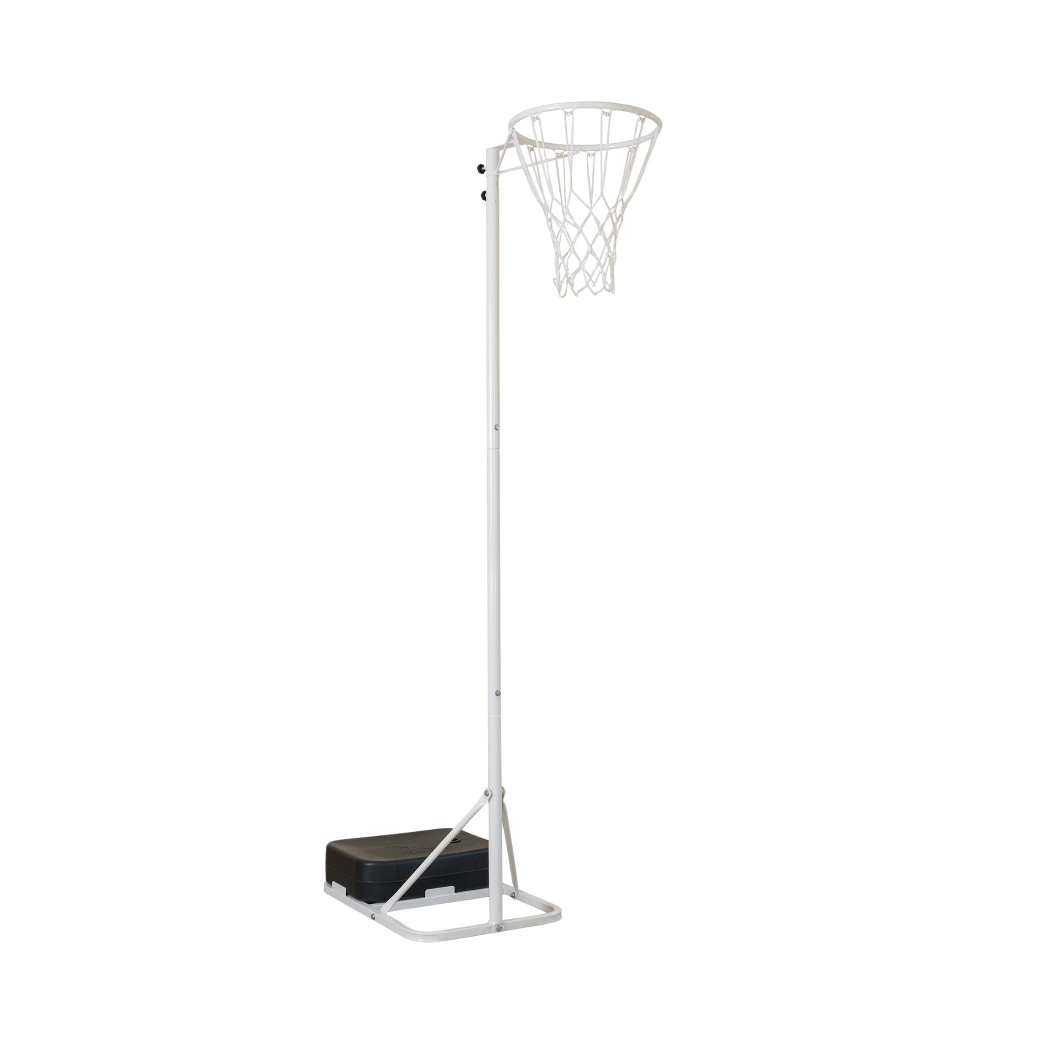 white gilbert netball post with a black sand weight on a white background