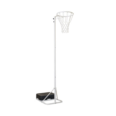 white gilbert netball post with a black sand weight on a white background