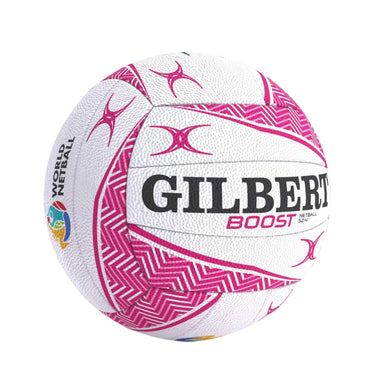 Gilbert boost size 4 white and pink netball, black bold gilbert Witten on the front and the word BOOST in pink on a white background