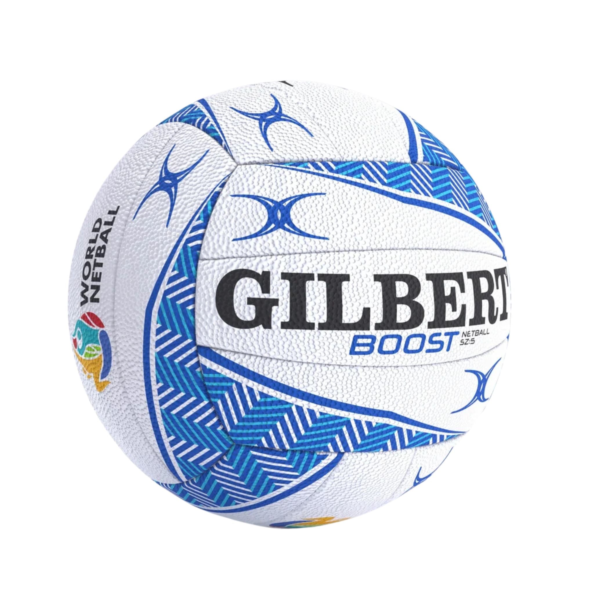 A white Gilbert Boost Netball with blue geometric patterns and black branding text, shown on a plain white background.