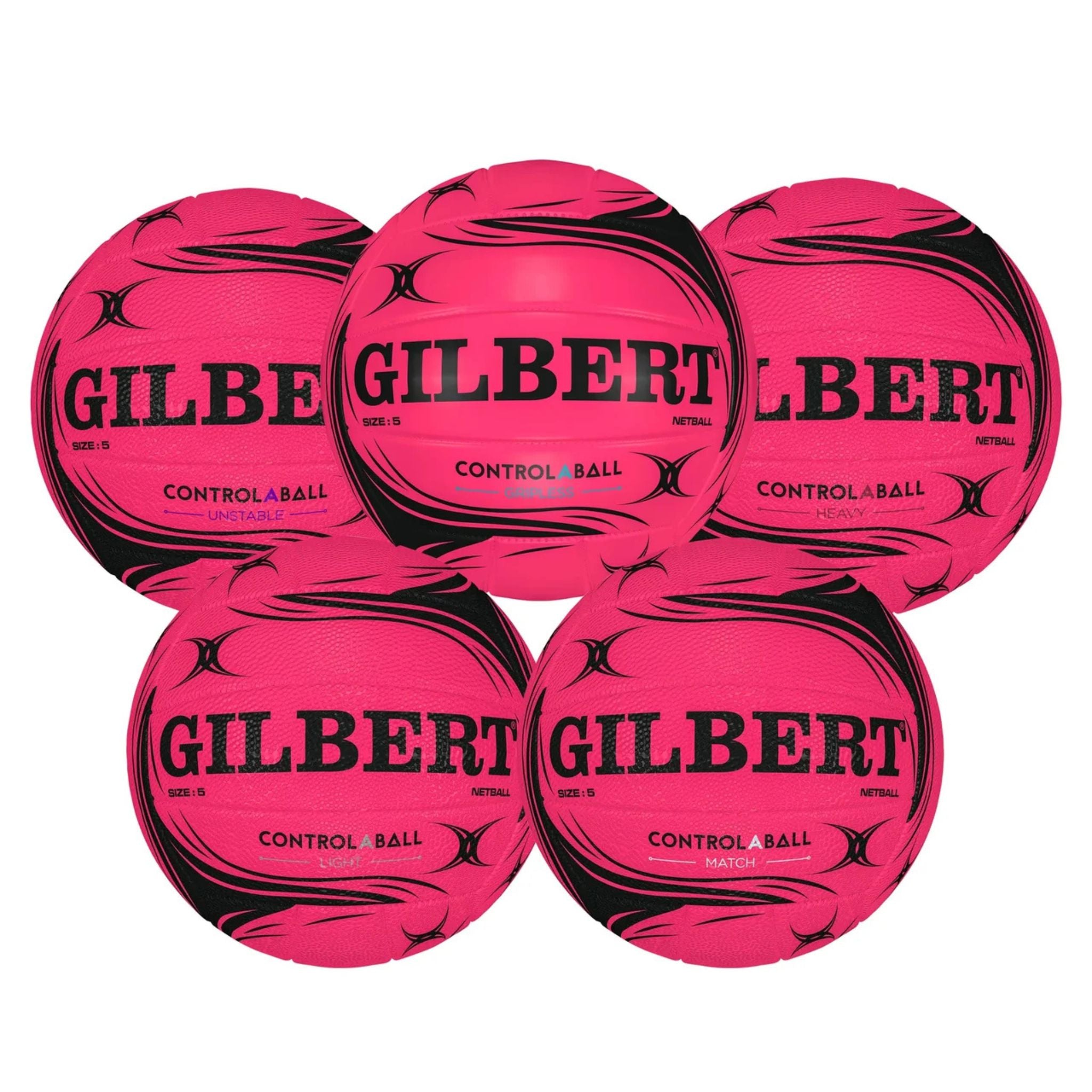 Five bright pink Gilbert Control Ball netballs arranged in a 2x3 cluster on a plain white background. Each ball features the brand name 'GILBERT' in bold black letters, along with 'CONTROL A BALL' and 'NETBALL' text.