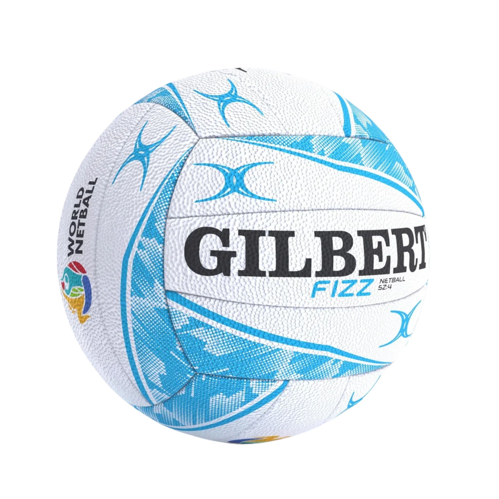 size 4 gilbert blue and white fizz netball on a white background. Gilbert written in black font