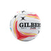 A white Gilbert 4-size netball ball with red, yellow, and black flame-like graphics and the brand name 'GILBERT' printed in bold black letters on the front, isolated on a white background.