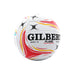 A white Gilbert 5-size netball ball with red, yellow, and black flame-like graphics and the brand name 'GILBERT' printed in bold black letters on the front, isolated on a white background.