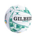 A white Netball with green geometric patterns and black text reading 'GILBERT' and 'HYPE', photographed on a plain white background.