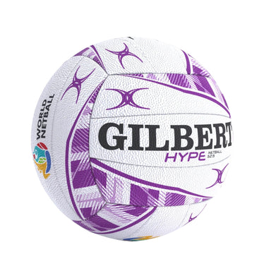 Gilbert Hype size 5 netball, white with a purple print and the word HYPE in purple Gilbert written in bold black on a white background