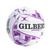 Gilbert Hype size 5 netball, white with a purple print and the word HYPE in purple Gilbert written in bold black on a white background