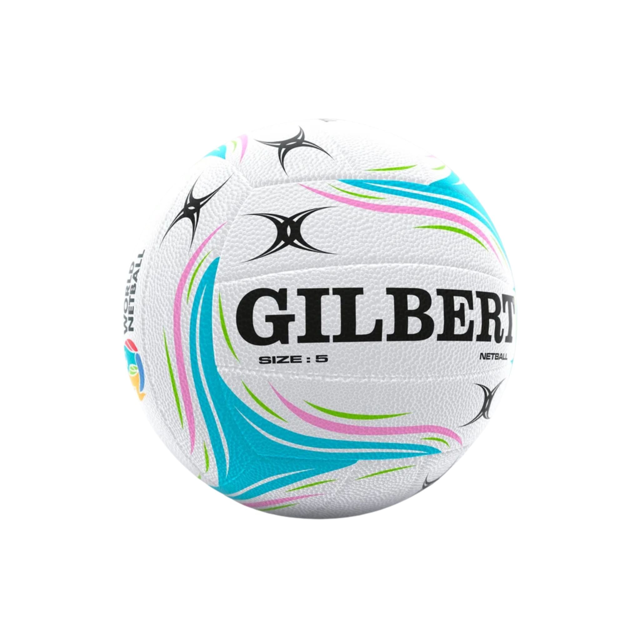 White Gilbert size 5 netball with blue pink and green pattern. GILBERT written in bold black. On a white background