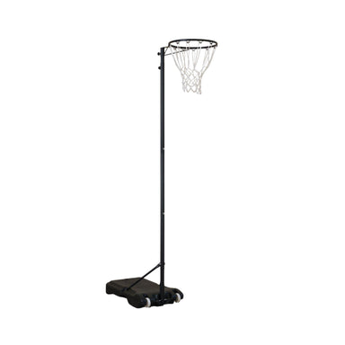 A black netball post with sand weight with two wheels on the front. A off-white net on a white background