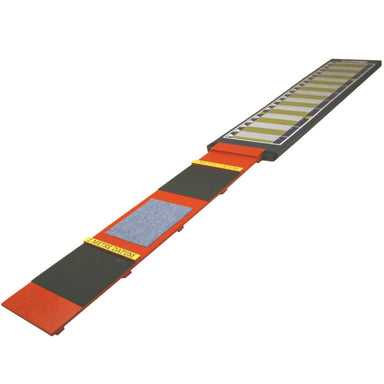 Sportshall Metromat for Standing Long Jump | Competition Size | Eveque Sportshall | Red, black and gold foam mat with wooden take off boards