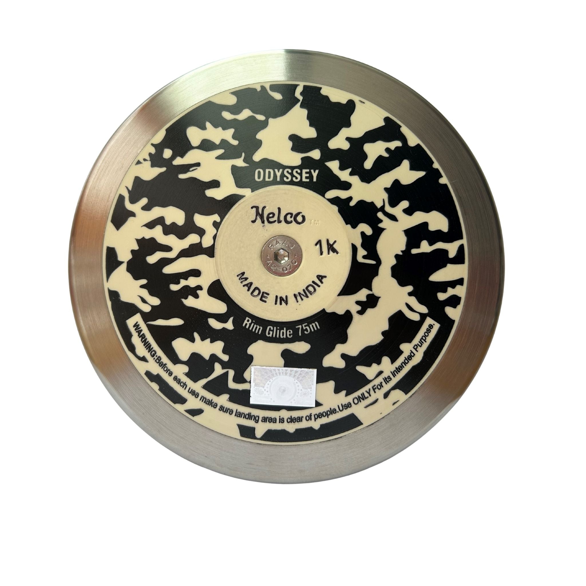 Disc with camouflage pattern and 'Odyssey' branding on a white background