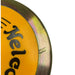 Close-up of a round yellow disc with black script lettering and a metallic iridescent rim on a white background.