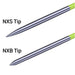Two metal pointed tips labeled 'NXS Tip' and 'NXB Tip' on a plain white background, with the top tip showing a bright green end section and the bottom tip showing a darker green end section.