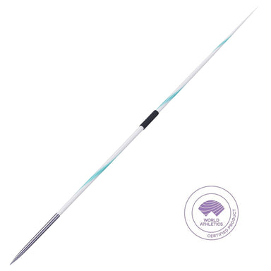 A long white javelin with a black handle and light blue accents, shown diagonally on a white background with a World Athletics Certified Product seal in the lower right.