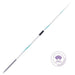 A long white javelin with a black handle and light blue accents, shown diagonally on a white background with a World Athletics Certified Product seal in the lower right.