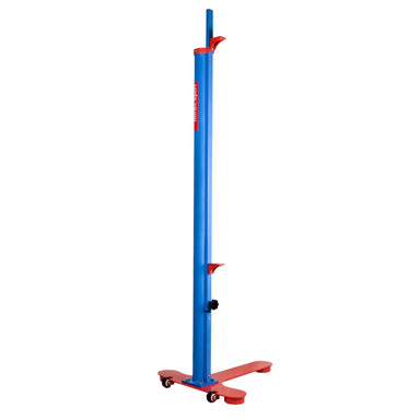 blue and red metal high jump stand on a white background