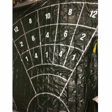 Black plastic sheet with white line segments and numbers in a grid style.  For precision target throwing for para athletes